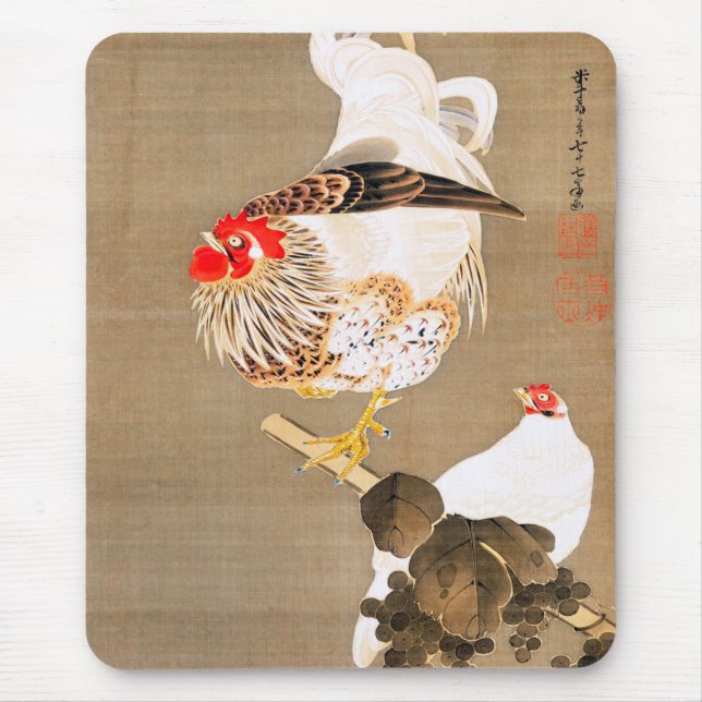 Hen and Rooster with Grapevine by Ito Jakuchu Mouse Mat (Front)