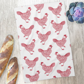 Hen Chicken Pattern Red and White Tea Towel