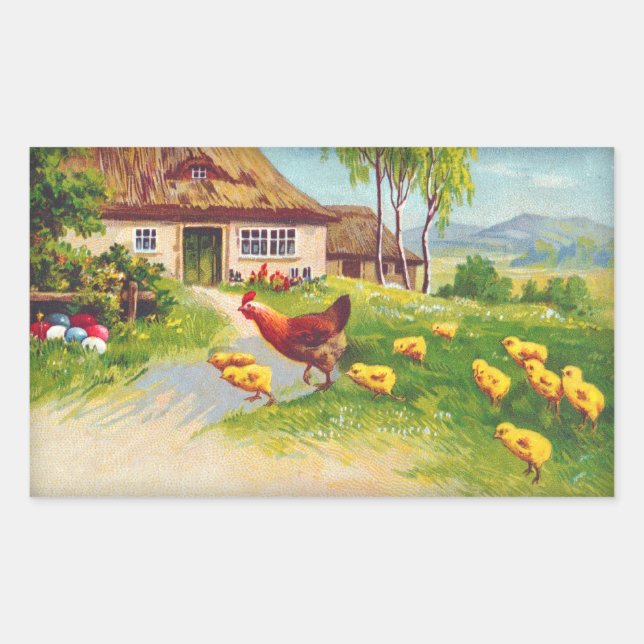 Hen, Chickens and Easter Eggs Rectangular Sticker (Front)