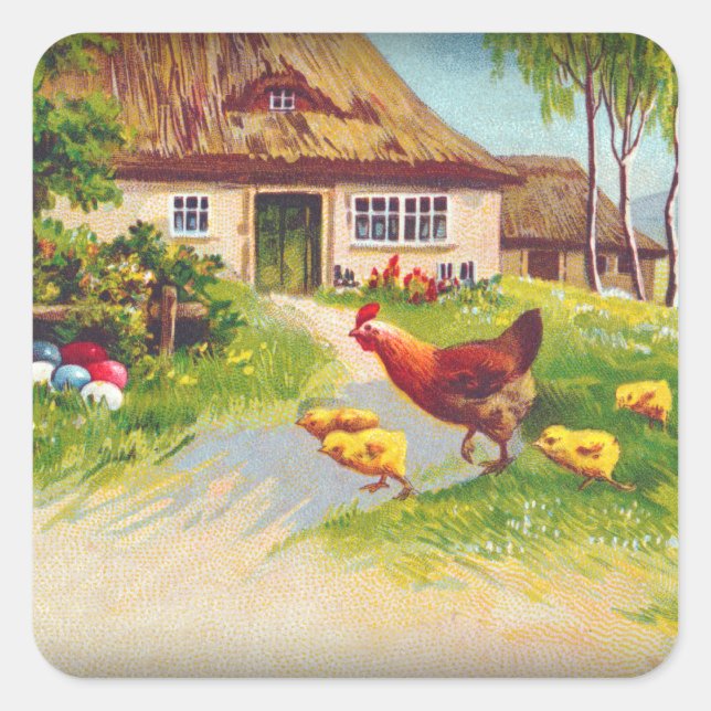 Hen, Chickens and Easter Eggs Square Sticker (Front)