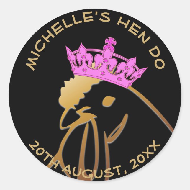 Hen in Pink Crown Bachelorette Party Custom Classic Round Sticker (Front)