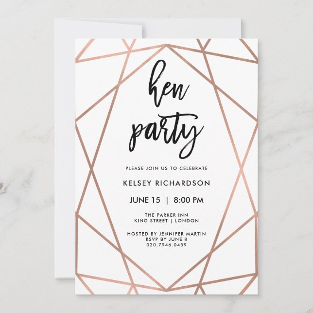 Hen Party | Faux Rose Gold Geometric on White Invitation (Front)