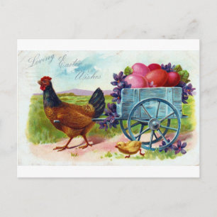 Hen pulling cart Easter Vintage Postcard