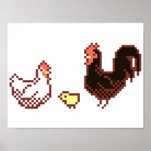 Hen, Rooster And Chick Pixel Art Poster (Front)