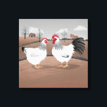 Hen & Rooster Canvas Print<br><div class="desc">Colourful artwork of Sussex chickens in the English countryside,  with an old barn and some oast houses in the background.  Perfect for anyone who loves folk art.</div>
