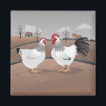Hen & Rooster Magnet<br><div class="desc">Colourful artwork of Sussex chickens in the English countryside,  with an old barn and some oast houses in the background.  Perfect for anyone who loves folk art.</div>