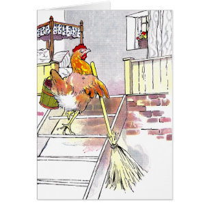 Hen with Broom Mounting Stairs to Bedroom