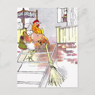 Hen with Broom Mounting Stairs to Bedroom Postcard