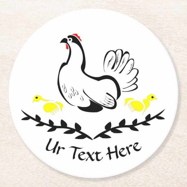 Hen with Yellow Chicks Line Art Round Paper Coaster (Front)