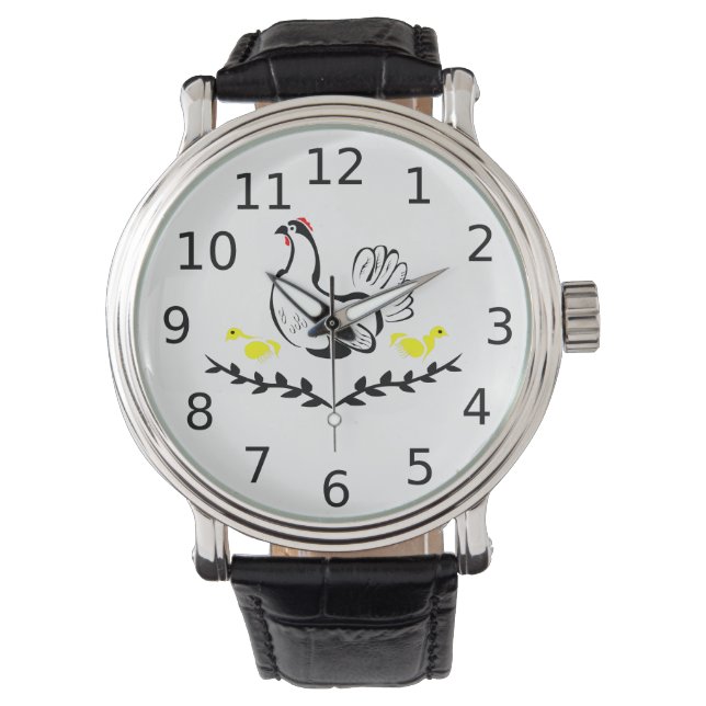 Hen with Yellow Chicks Line Art Watch (Front)
