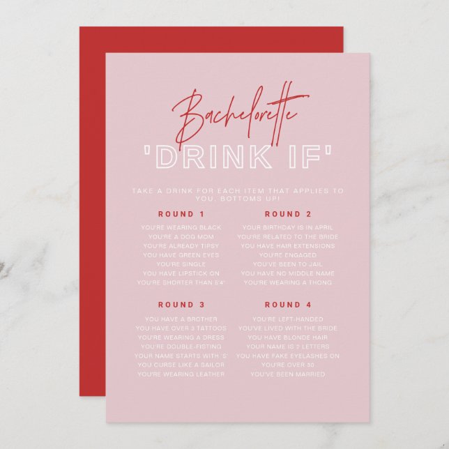 HENLEY Pink and Red Bachelorette Drink If Game Invitation (Front/Back)