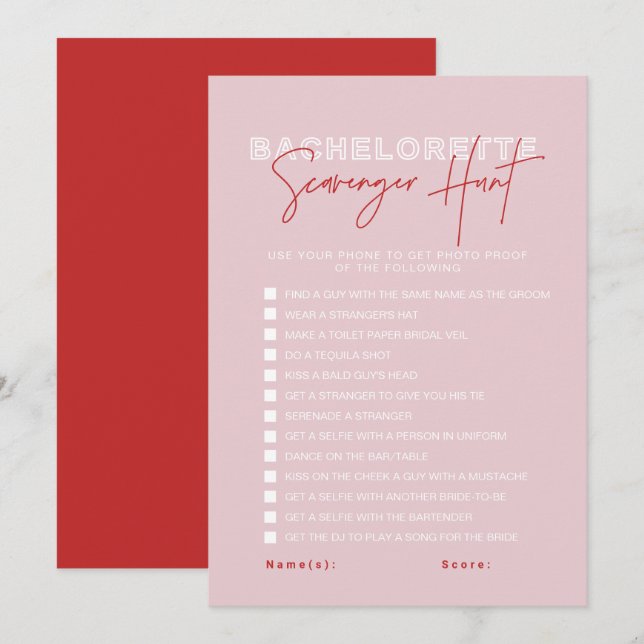 HENLEY Pink Red Bachelorette Scavenger Hunt Card (Front/Back)