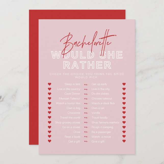 HENLEY Red Pink Would She Rather Bridal Game Invitation (Front/Back)