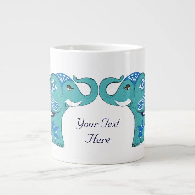 Henna Elephant (Blue/Light Blue) Large Coffee Mug (Front)