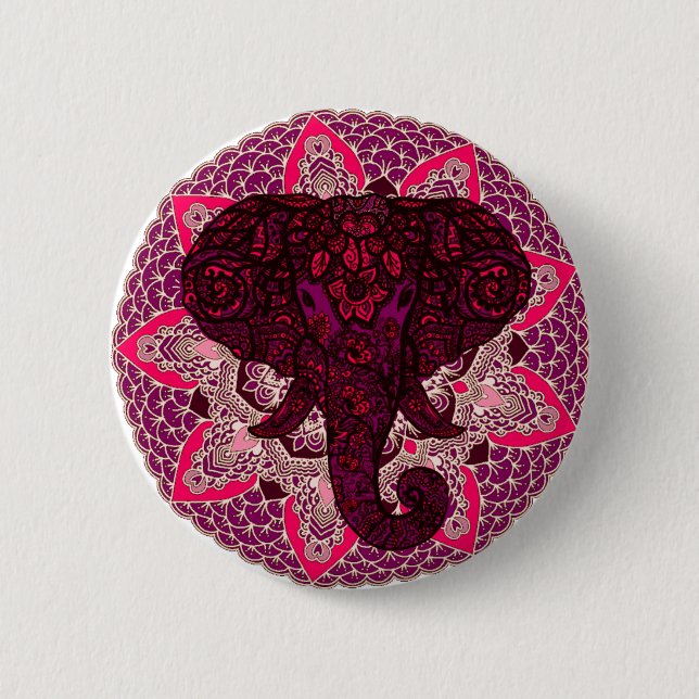 Henna Elephant Head Mandala Pink Mehndi Tattoo 6 Cm Round Badge (Front)