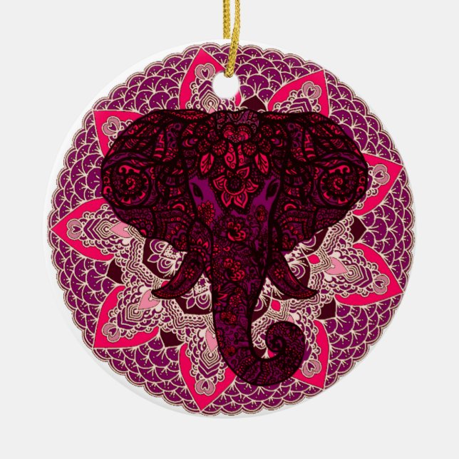 Henna Elephant Head Mandala Pink Mehndi Tattoo Ceramic Tree Decoration (Front)
