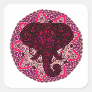 Henna Elephant Head Mandala Pink Mehndi Tattoo Square Sticker
