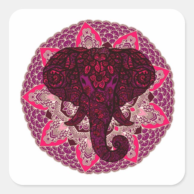 Henna Elephant Head Mandala Pink Mehndi Tattoo Square Sticker (Front)