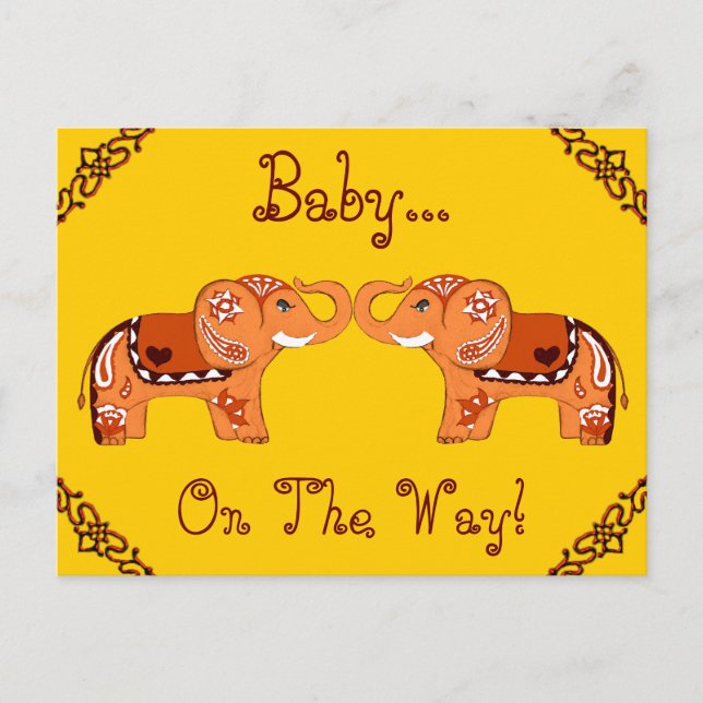 Henna Elephant (Orange/Red) (Baby Shower) Invitation Postcard (Front)
