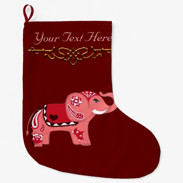 Henna Elephant (Red/Pink) Large Christmas Stocking (Front)