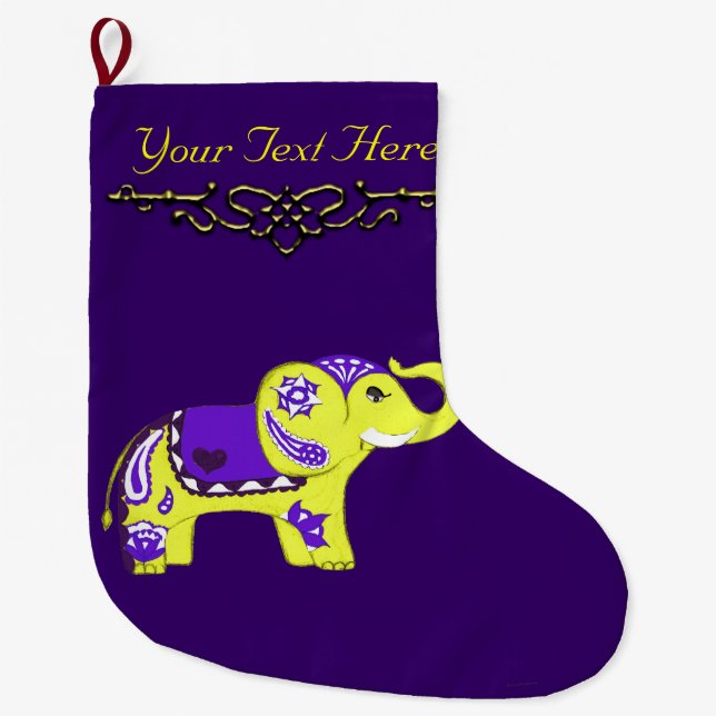Henna Elephant (Yellow/Purple) Large Christmas Stocking (Front)