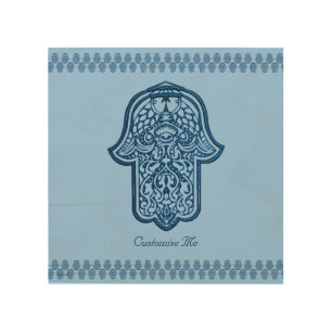 Henna Hand of Hamsa (Blue) Wood Wall Art