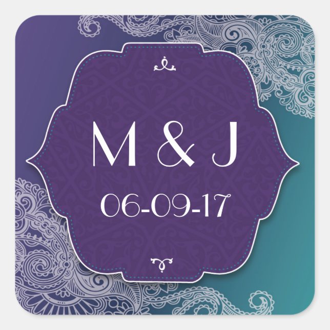 Henna Jewel Stickers Purple Teal Square Favours (Front)