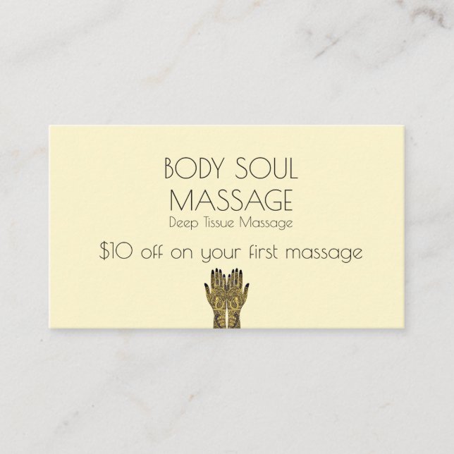 Henna Mehndi Hands Artistic Massage Discount Card (Front)