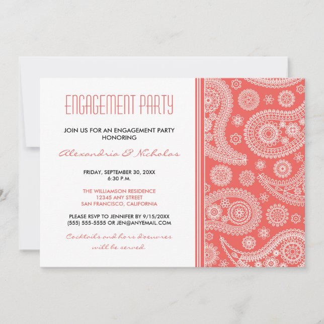 Henna Paisley Engagement Party Invitation (coral) (Front)