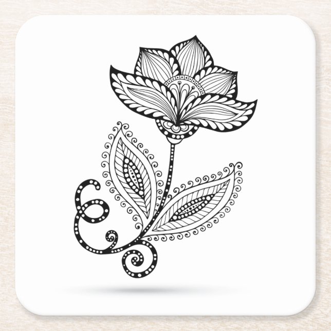 Henna Paisley Mehndi Doodles Square Paper Coaster (Front)