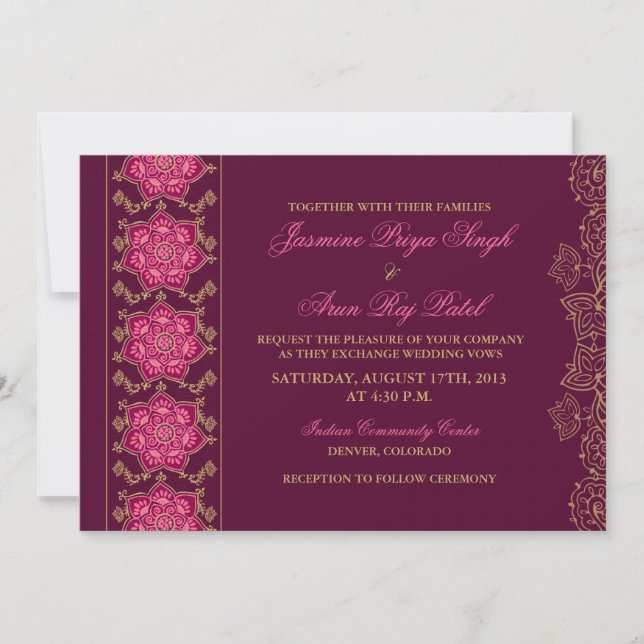 Henna Raisin Pink Gold Indian Wedding Invitation (Front)
