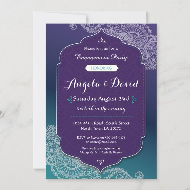 Henna Style Jewel Engagement Wedding Invites (Front)