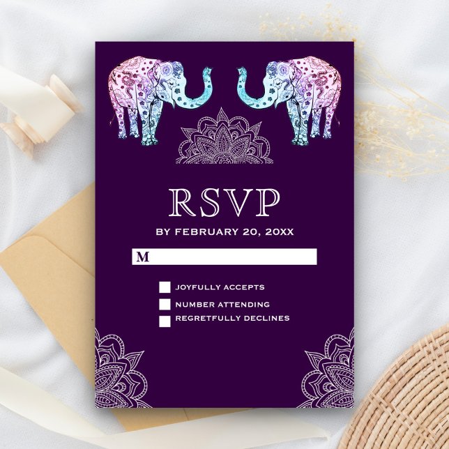 Henna Tattooed Elephants Indian Wedding RSVP Card (Creator Uploaded)