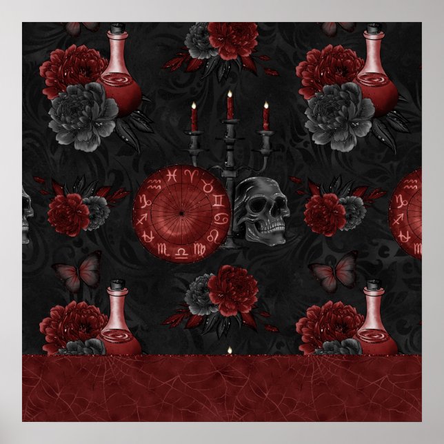Henna Zodiac Magic | Red Gothic Skull Roses Potion Poster (Front)