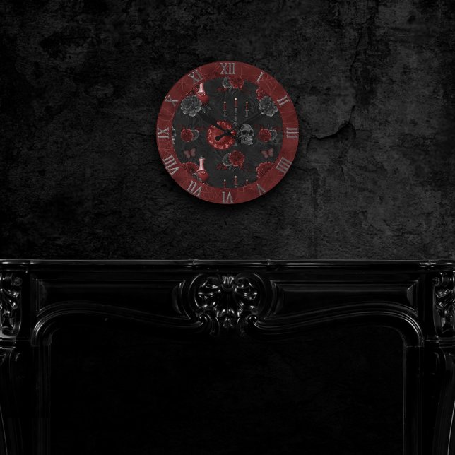Henna Zodiac Magic | Red Gothic Skull Roses Potion Round Clock (Creator Uploaded)