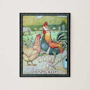 Henpecked Rooster with Hen and Chicks Jigsaw Puzzle