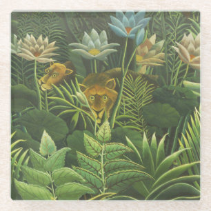 Henri Rousseau Tropical Jungle Lion Vintage Print Glass Coaster