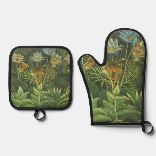 Henri Rousseau Tropical Jungle Lion Vintage Print Oven Mitt & Pot Holder Set