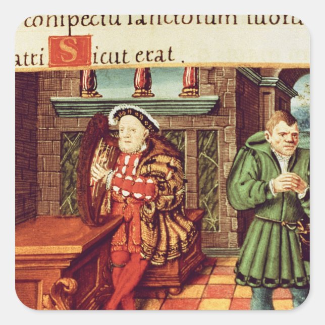 Henry VIII Playing a Harp with his Fool Wil Square Sticker (Front)