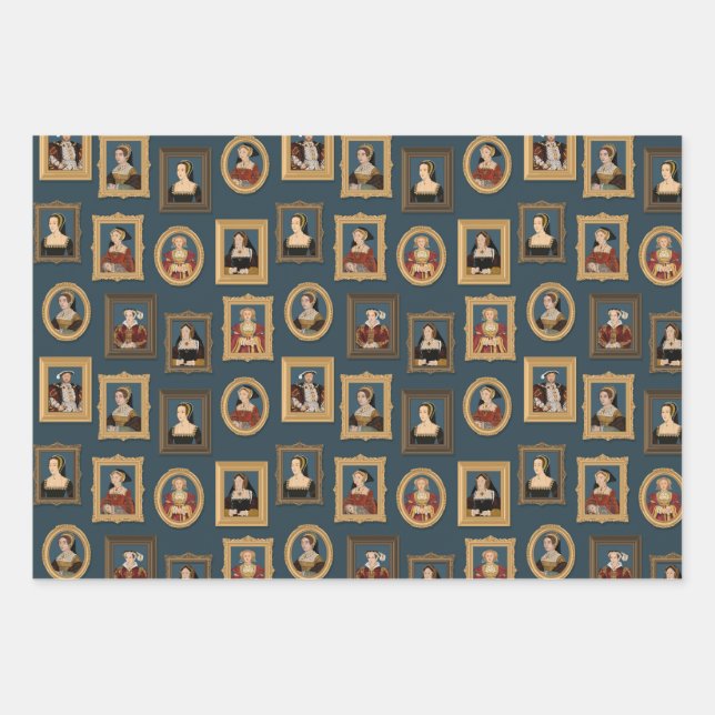 Henry VIII Six Wives Portraits in Frames Teal  Wrapping Paper Sheet (Front)
