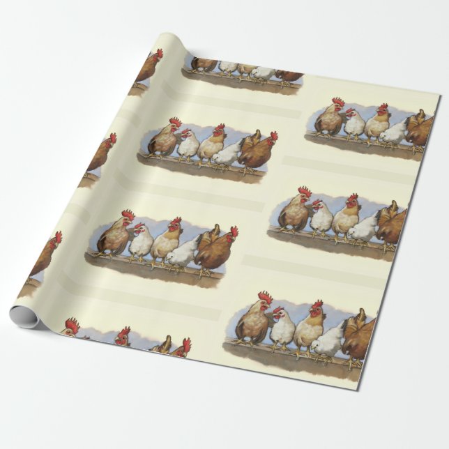 Hens and Roosters, Chicken Art, Poultry Wrapping Paper (Unrolled)