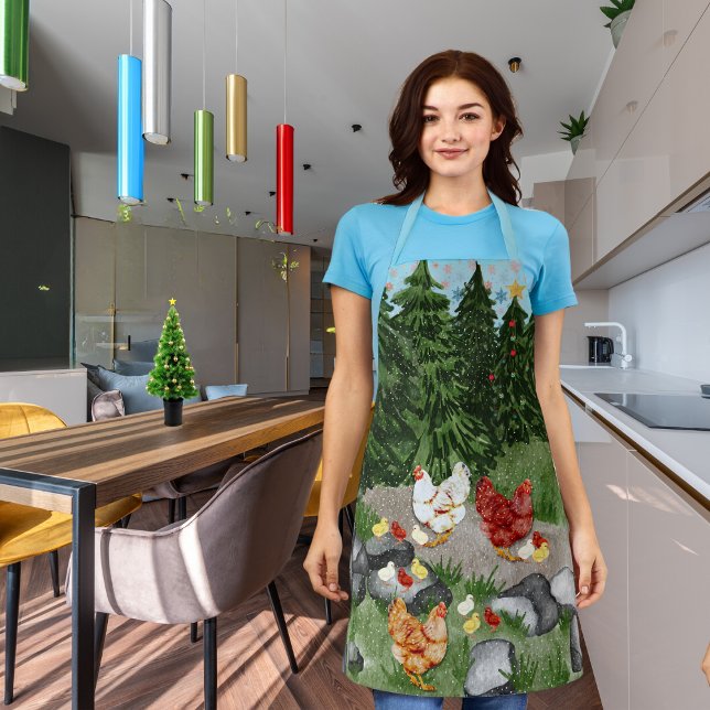 Hens, chicks, and snowflakes light blue apron (Creator Uploaded)