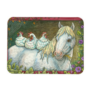 HENS IN THE STABLE, HORSE AND CHICKEN MAGNET