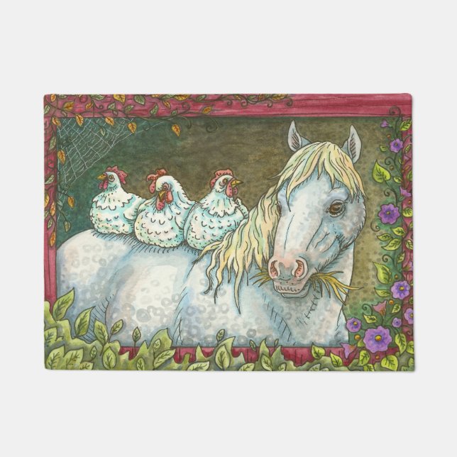 HENS IN THE STABLE, HORSE & CHICKENS DOOR MAT Sm. (Front)