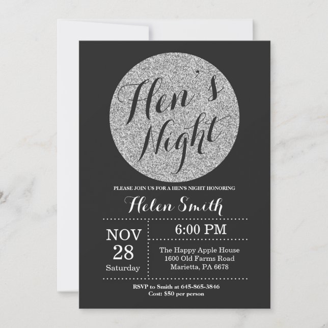 Hens Night Black and Silver Glitter Invitation (Front)