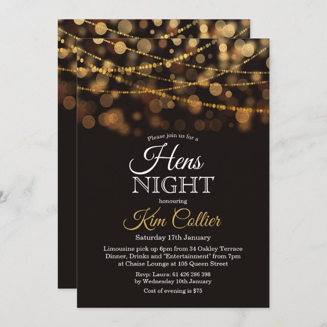 Hens Night Party Glitter Lights Invitation (Front/Back)