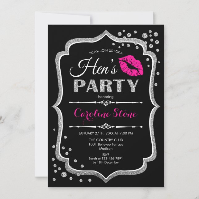 Hens Party - Black Pink Silver Invitation (Front)