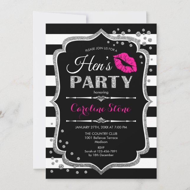 Hens Party - Black Pink Silver Invitation (Front)