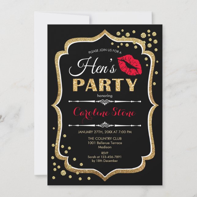 Hens Party - Black Red Gold Invitation (Front)