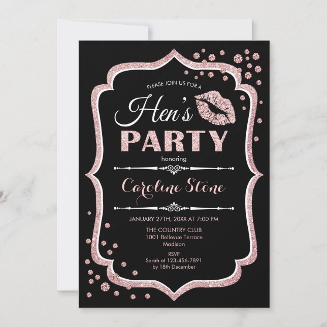 Hens Party Black Rose Gold Invitation (Front)